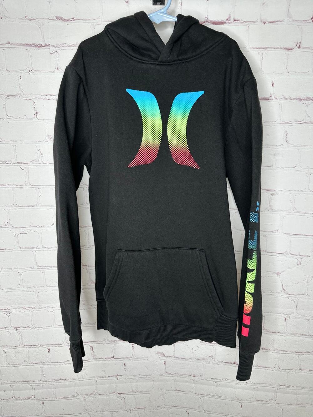 Hurley Black Pullover Hoodie Sweatshirt Neon Rainbow Logo Boys Large School